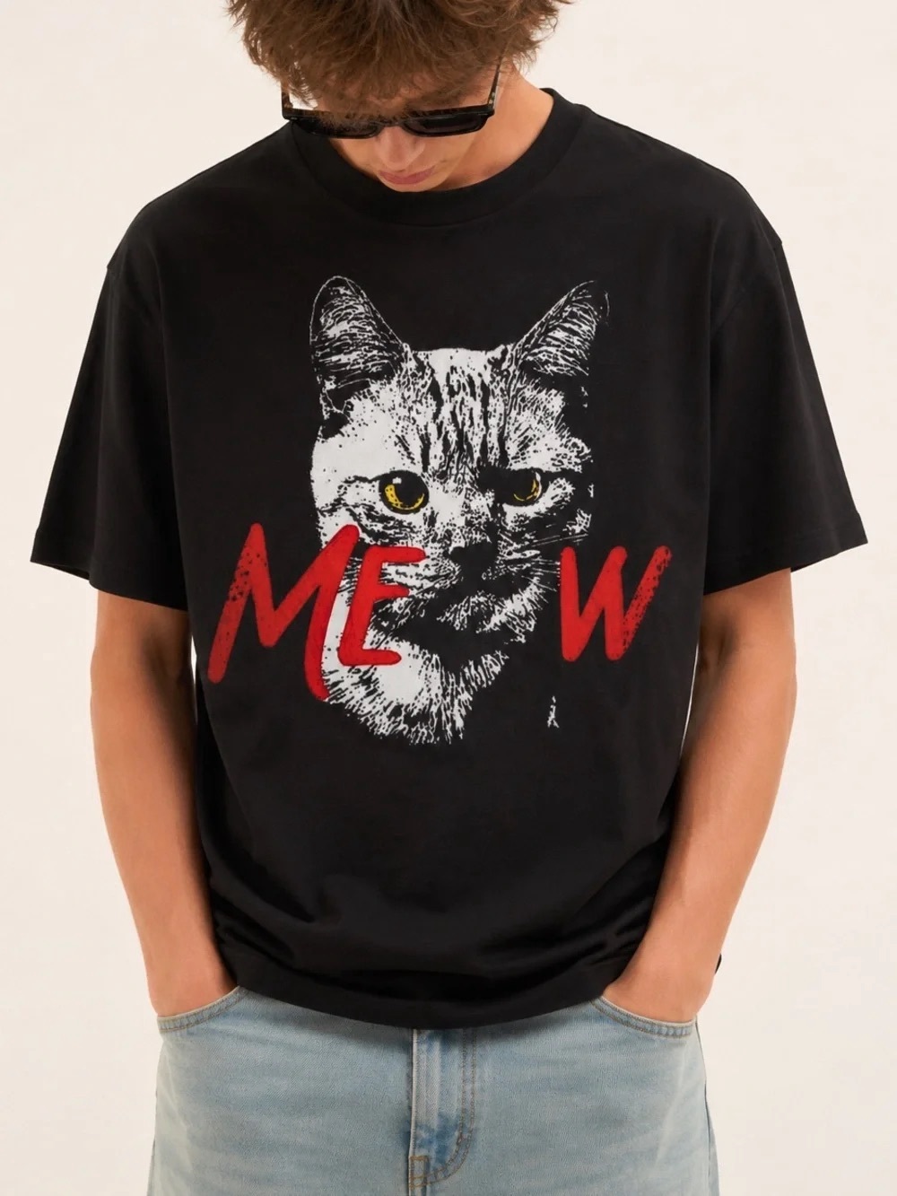 Gildan Black Tee with White Cat Face and Red MEW Graphic